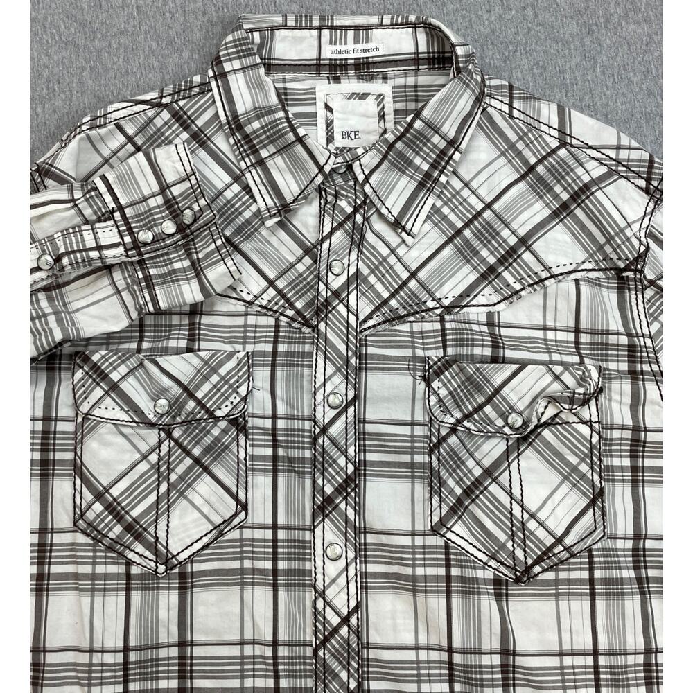 BKE Shirt Mens Large Plaid Western Cowboy Athletic Fit Stretch Pearl Snap